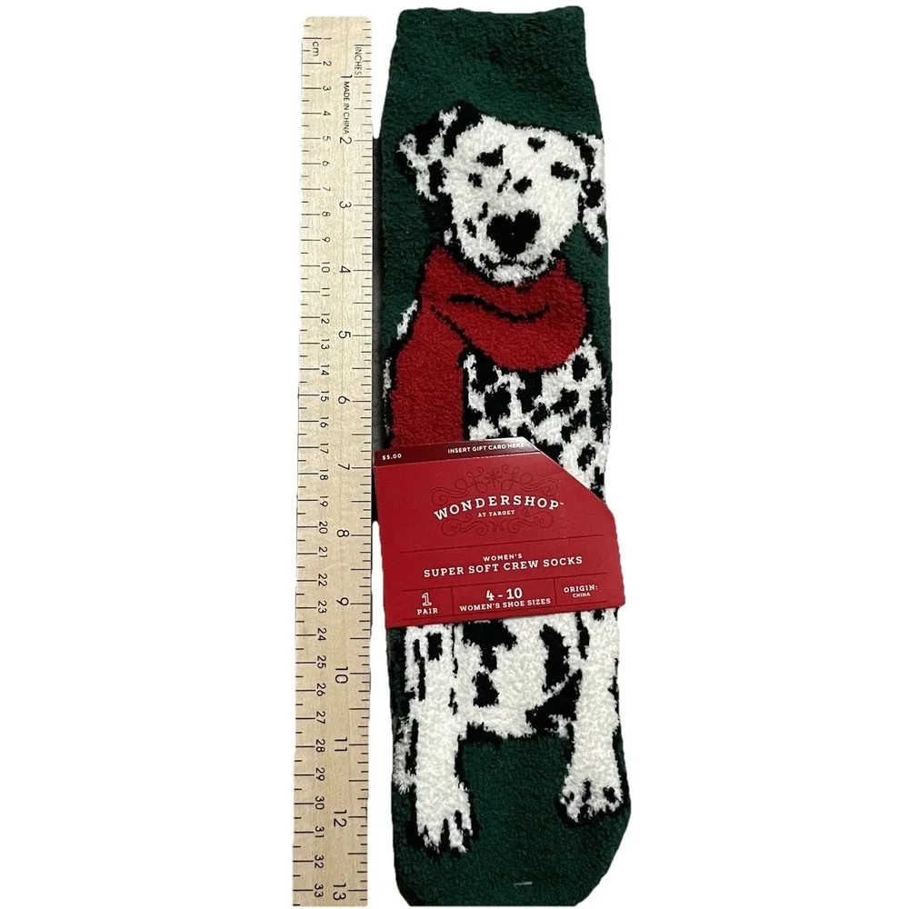 Target Wondershop Crew Sock, Green/White Dalmatian Dog. Size 4/10